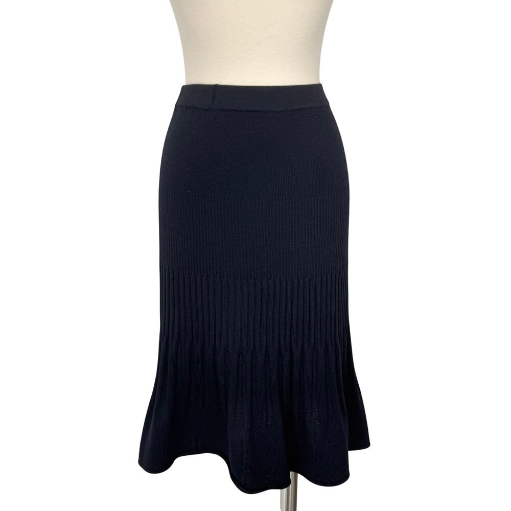 St. John Basics Ribbed Knit Flared Skirt A-Line Black Wool Blend | Size: 12